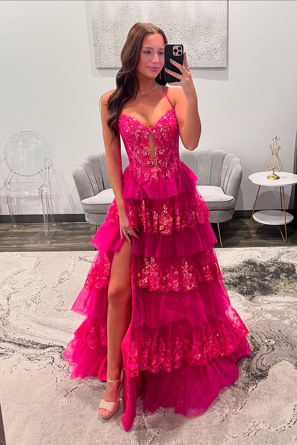 Cute A Line V Neck Hot Pink Tulle Prom Dress with Sparkly Appliques