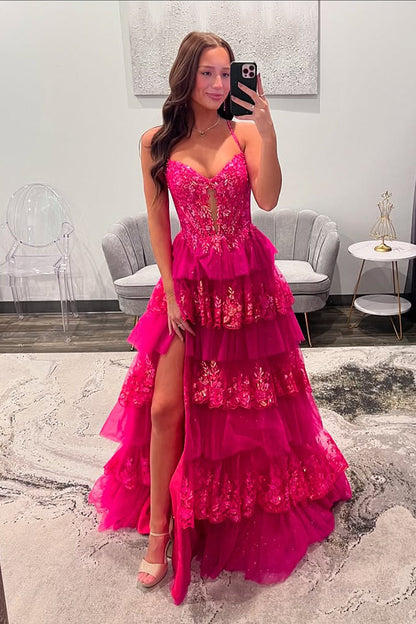 Cute A Line V Neck Hot Pink Tulle Prom Dress with Sparkly Appliques