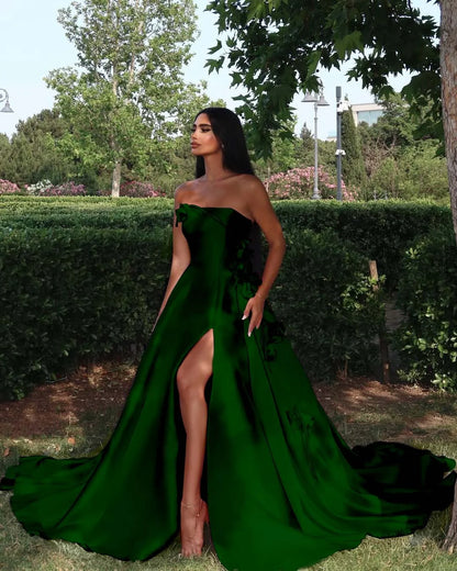 Elegant Straight Across Pink Split Sleeveless Handmade Flower Prom Dress YK0162