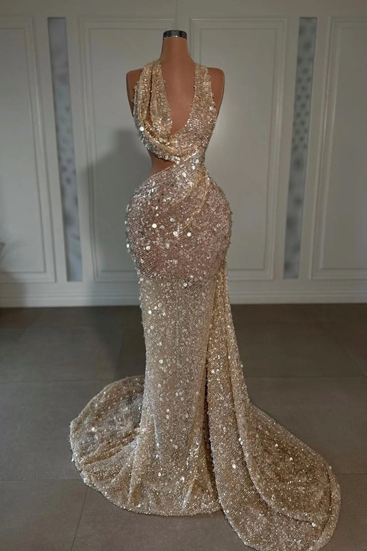 Sequins Evening Dress V Neck Sleeveless Hatler Sexy Long