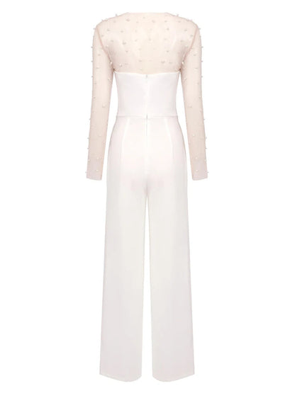 Pearl Mesh Bodysuit and White Jumpsuit Set
