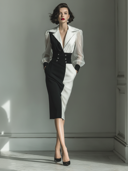 Women's Black And White Structured Fabric Contrast Puff-Sleeve Pencil Midi Dress
