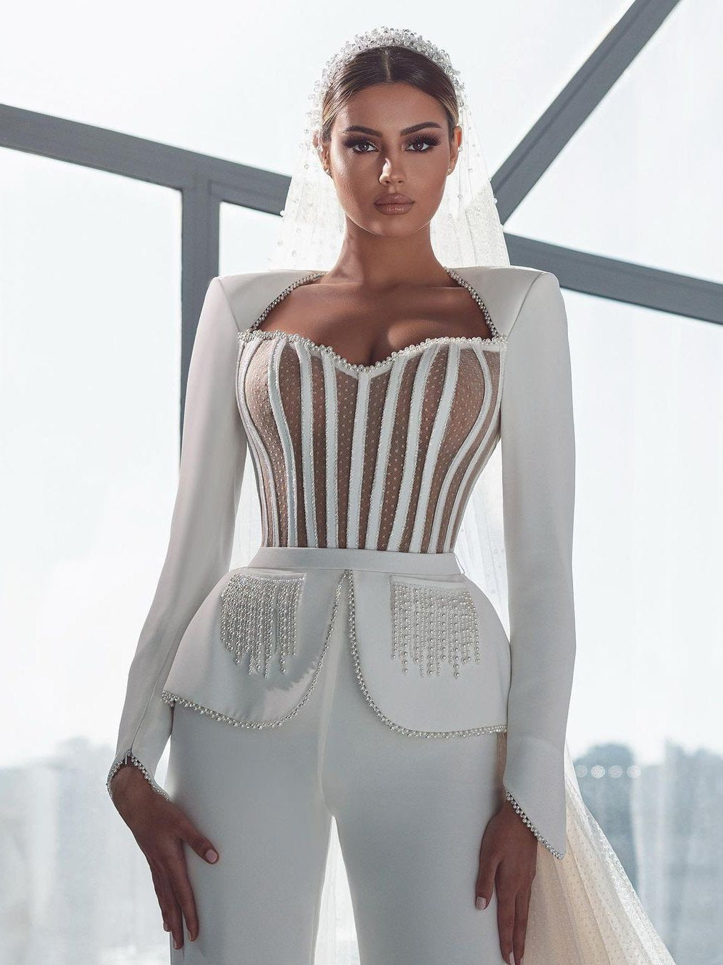 Wonderful Pad Shoulder Long Sleeve Pearl Chain Slim White Mesh Jumpsuit