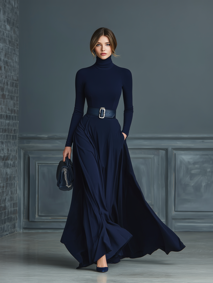 Women's Dark Blue Knitted High-neck Dress