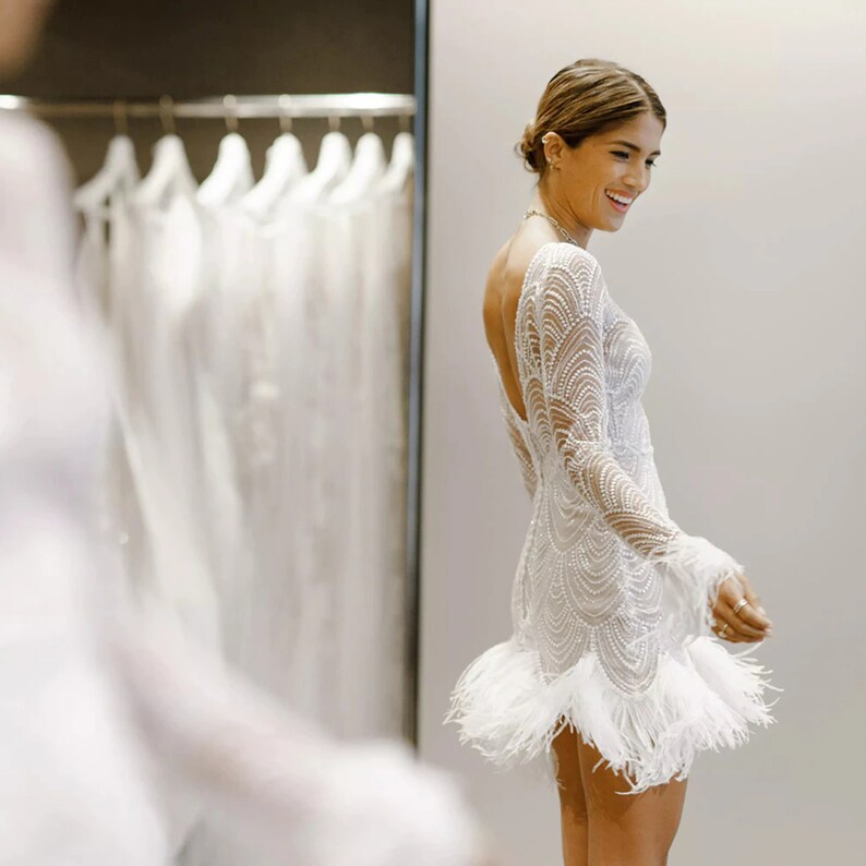 Long Sleeves Boho Mini Wedding Party Dress Simple Illusion Boat Neck Open Back Above Knee