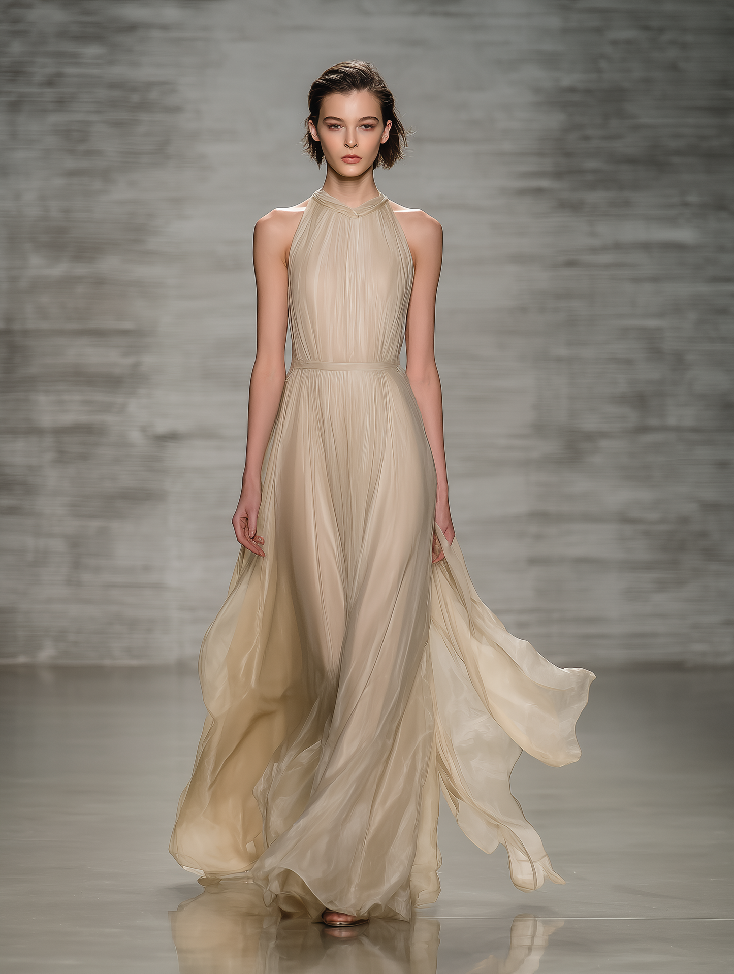 Women's Elegant Apricot-colored Round-neck Sleeveless Chiffon And Organza Long Dress