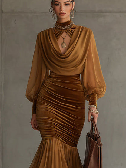 Bronze Velvet And Chiffon Lace Trim Dress