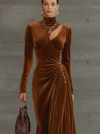 Caramel Velvet Maxi Dress With Button Details