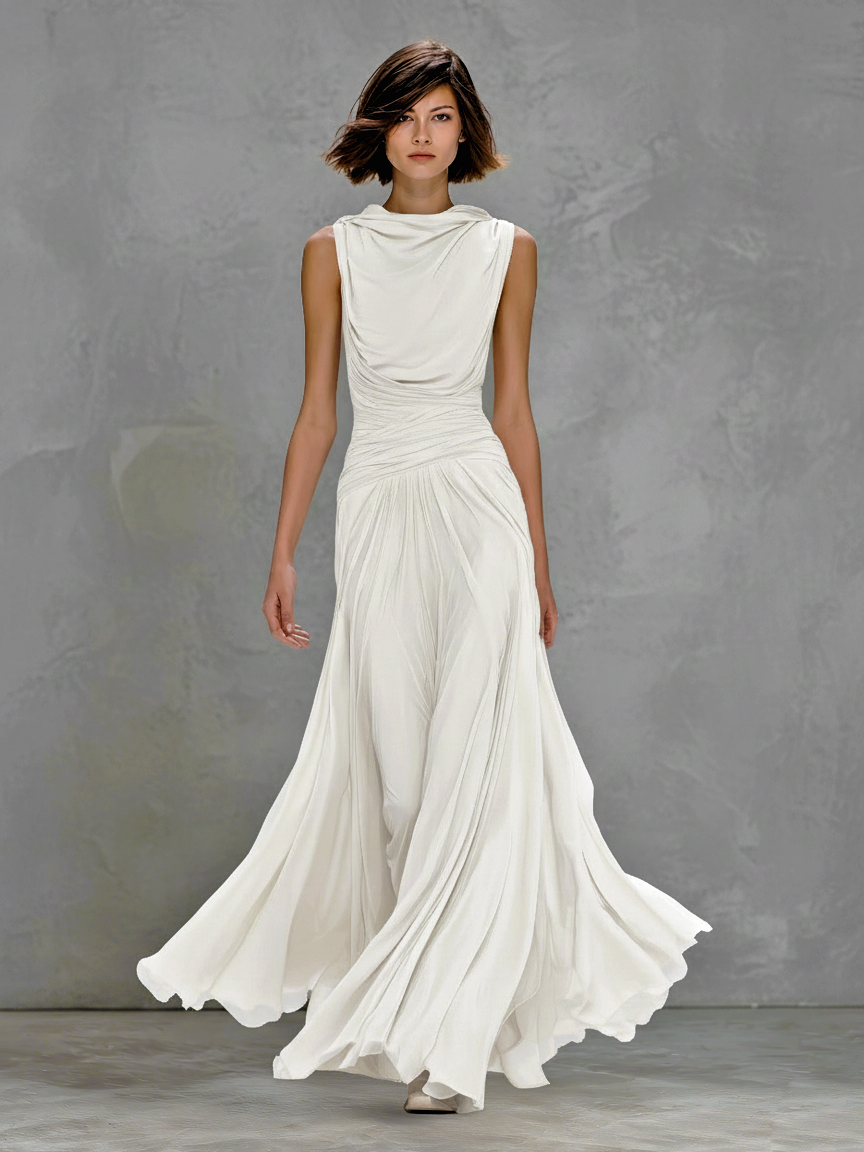 Women's Elegant White Sleeveless Stretchy Knit Slim-fit Maxi Dress With Ruched Waist