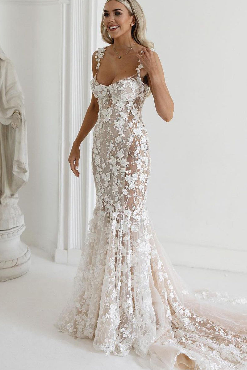 Charming Mermaid Sweetheart See Through Ivory Lace Wedding Dresses