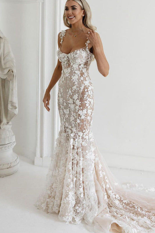Charming Mermaid Sweetheart See Through Ivory Lace Wedding Dresses