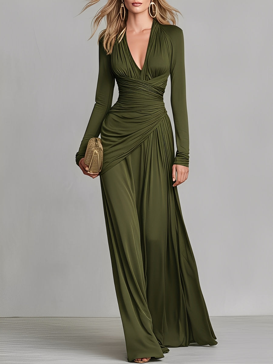 Women's Olive Green Stretchy Knit Dress With Deep V-Neck & Ruched Detail, Timeless Sleek-Glam Style Dress