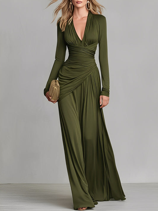 Women's Olive Green Stretchy Knit Dress With Deep V-Neck & Ruched Detail, Timeless Sleek-Glam Style Dress