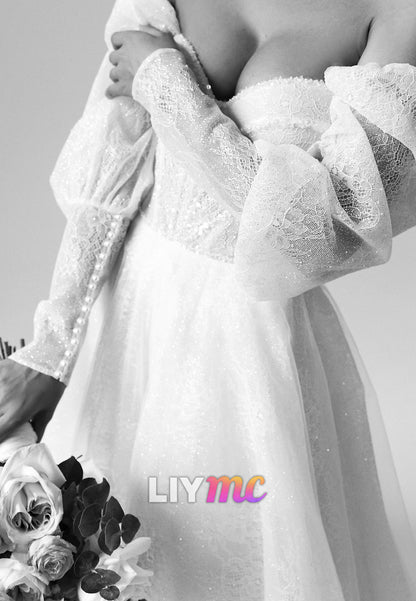 Sweetheart Long Sleeves Lace Appliques A-Line Wedding Dress