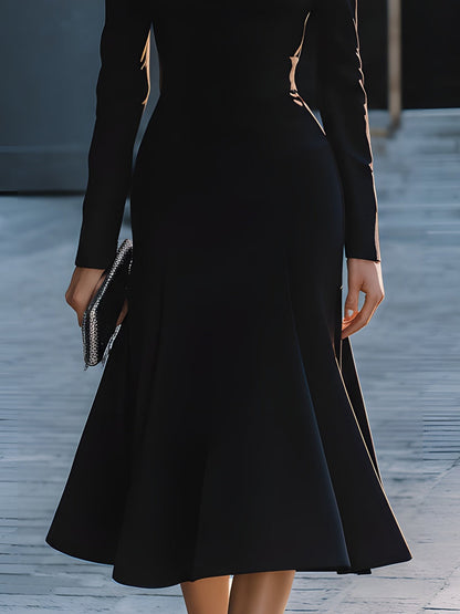 Black Off-Shoulder Midi Dress With Floral Embellishment