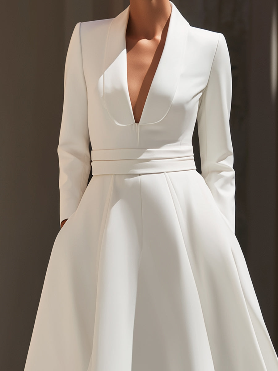 Elegant White Satin A-Line Midi Dress With Deep V-Neck