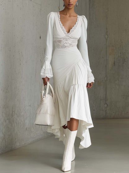 White Lace Patchwork Ruched Midi Dress