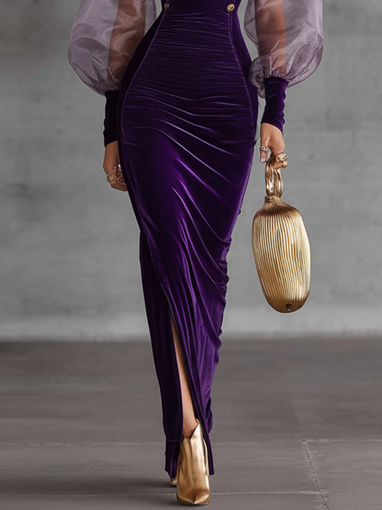 Purple Velvet Organza Sheath Dress With Vintage Gold Buttons