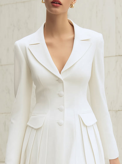 White Suit Collar Pleated Mini Dress