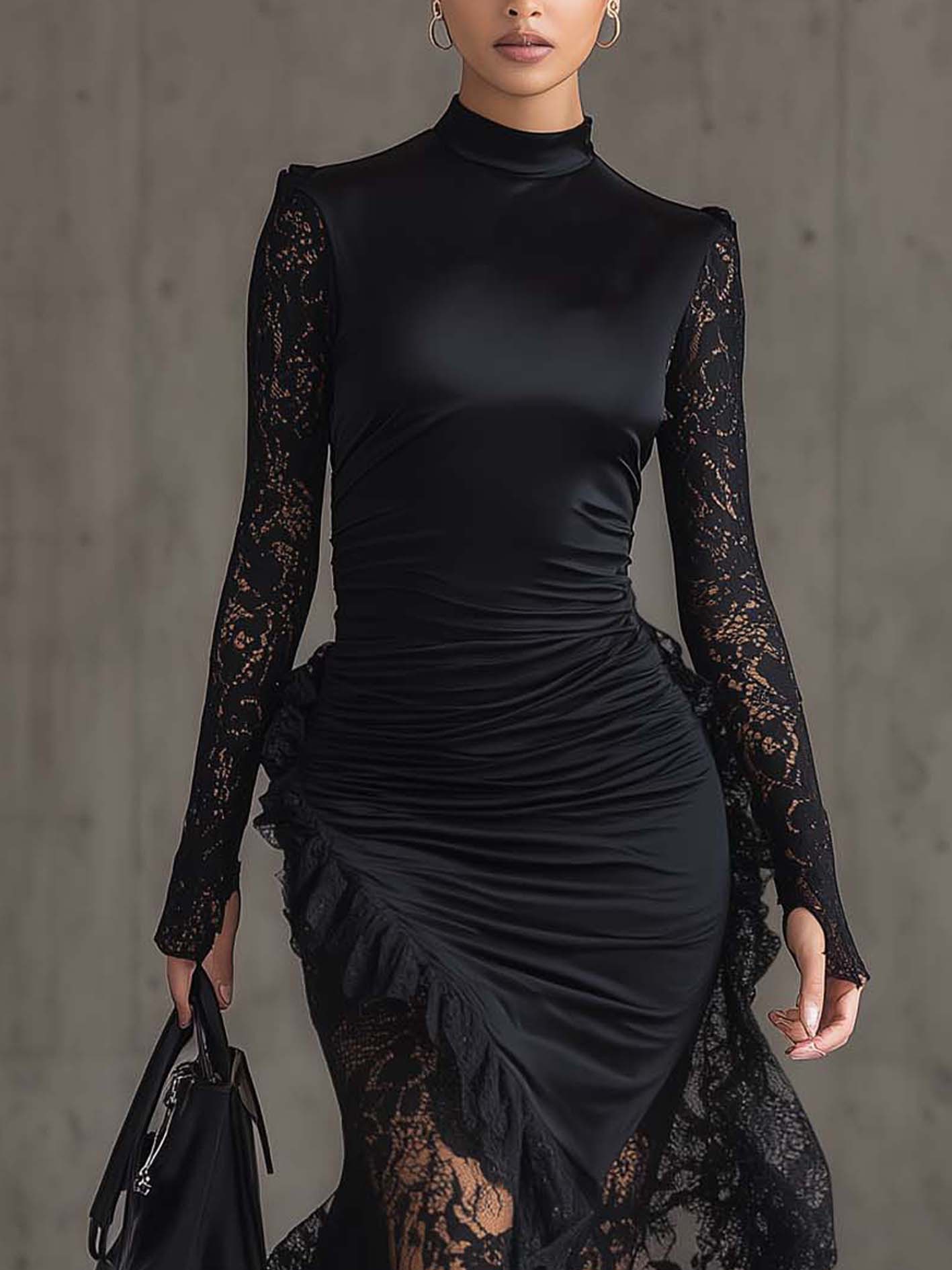 Black Satin Lace Patchwork Asymmetric Hem Bodycon Dress