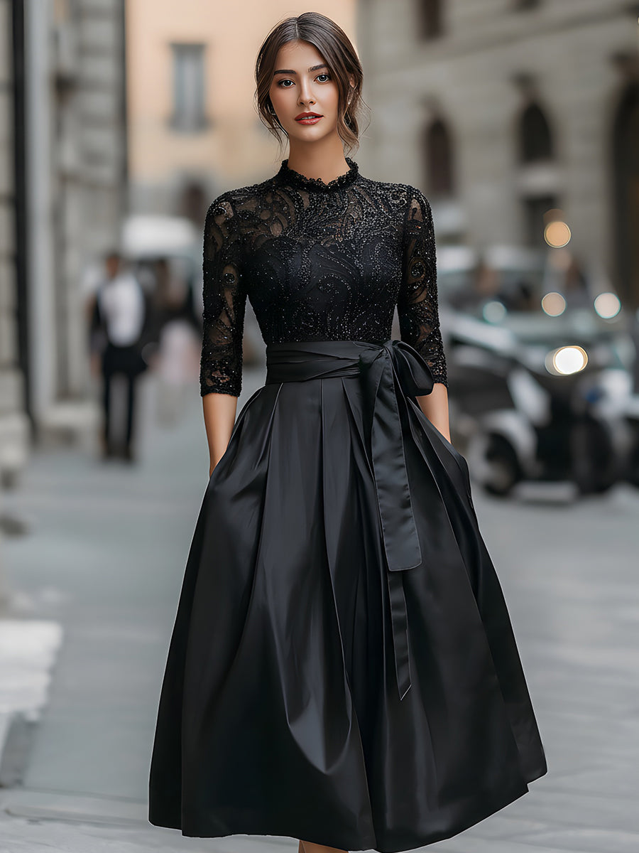 Elegant Black Lace Bodice Dress With Satin Pleated Skirt