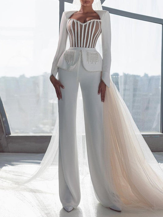 Wonderful Pad Shoulder Long Sleeve Pearl Chain Slim White Mesh Jumpsuit