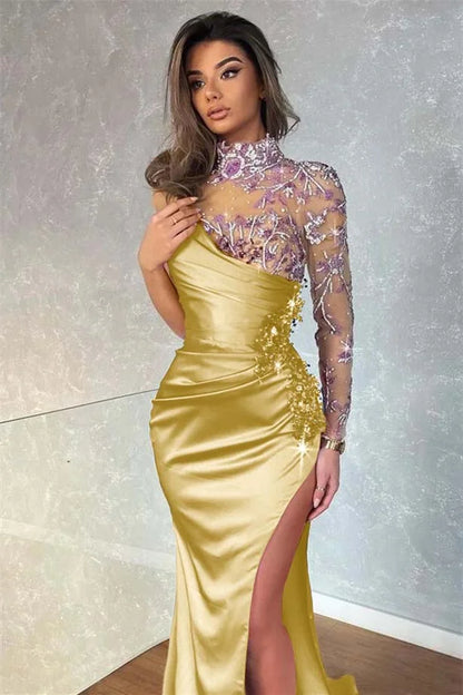 Dark Purple Split Appliques Mermaid High Collar Evening Dress With Beadings