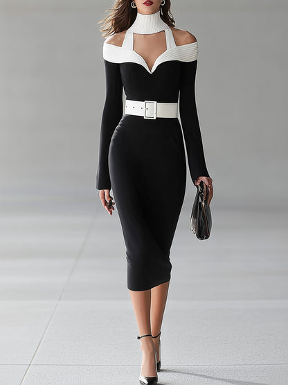 Black And White Color-blocked Halter Neck Off-shoulder Dress
