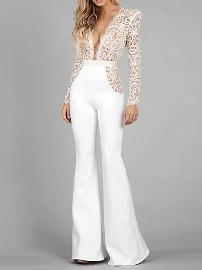 Elegant Deep V-Neck Lace Split-Joint Backless Empire White Jumpsuit