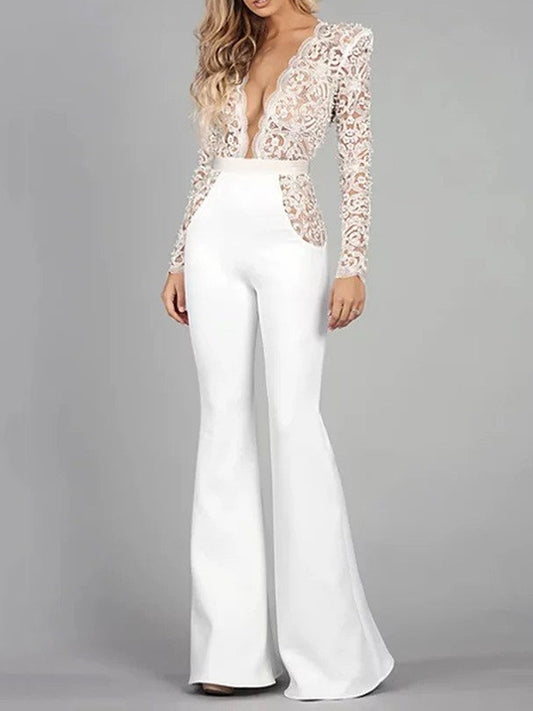 Elegant Deep V-Neck Lace Split-Joint Backless Empire White Jumpsuit