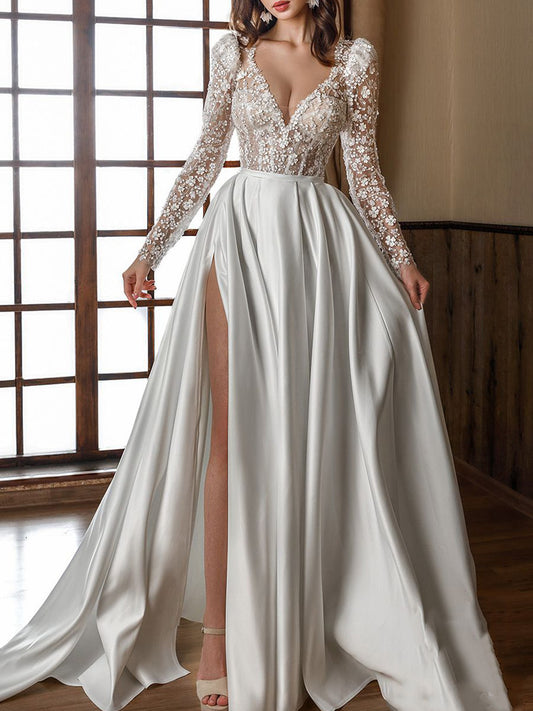 White Long Sleeves V-Neck See-Through Lace Split-Side Wedding Maxi Dresses
