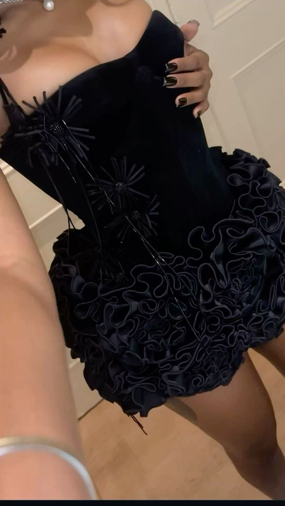 Sexy Black Satin Rose Halter Cocktail Dress Sheath Short Birthday Dress Homecoming Dress
