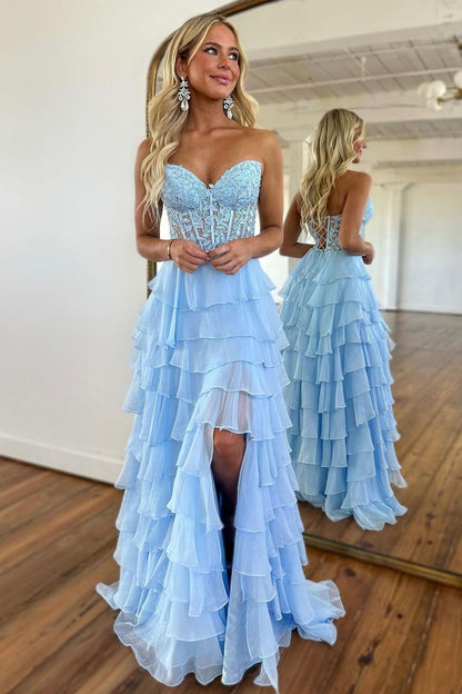 LP1787 - Semi-Sweetheart Strapless Appliques Tiered A-Line Prom Dress