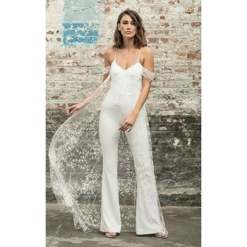 Wedding Bridal Jumpsuit, Sexy Wedding dress with Lace open back,Beautiful Formal outfit
