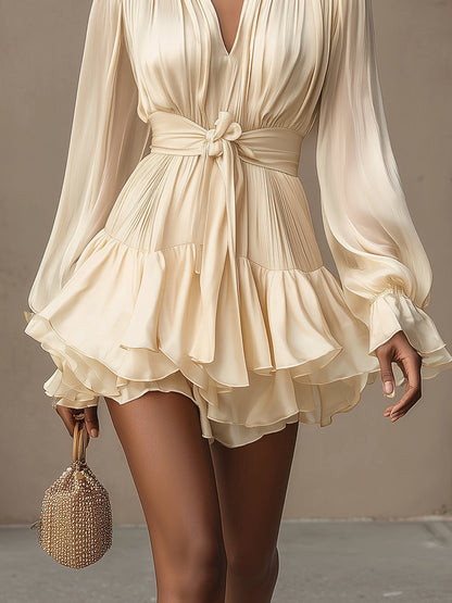Champagne-colored Satin Pleated Waist Dress