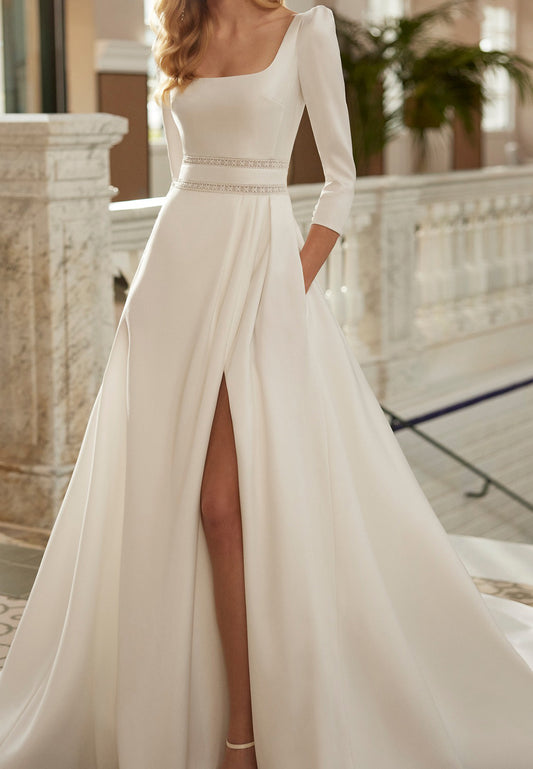 Square Long Sleeves Pleated Sleek Satin Side Slit A-Line Wedding Dress