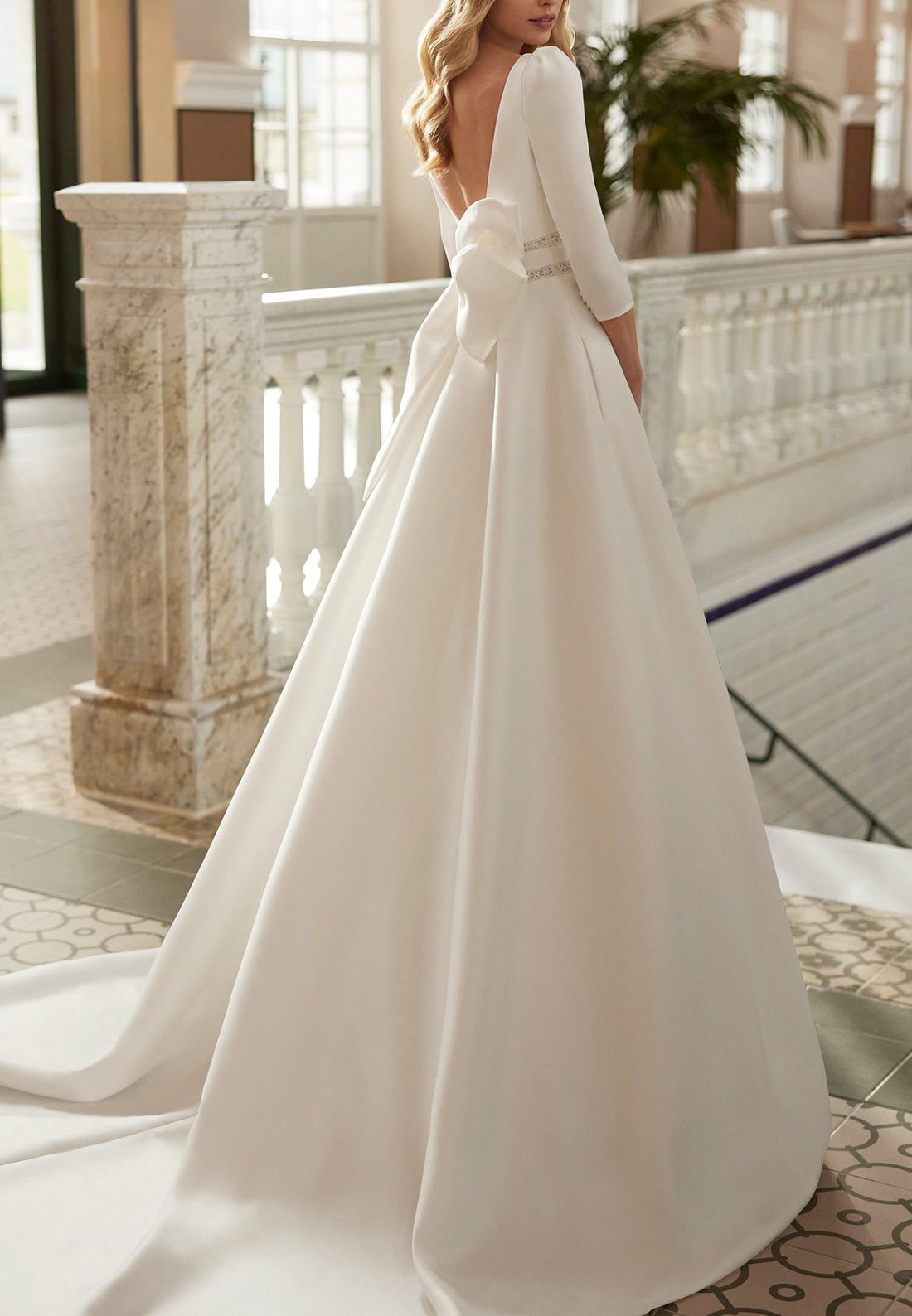 Square Long Sleeves Pleated Sleek Satin Side Slit A-Line Wedding Dress