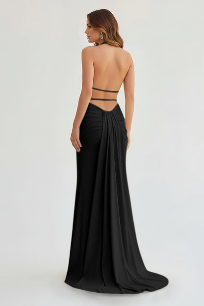 Mermaid Deep V Neck Yellow Satin Long Prom Dresses with Slit