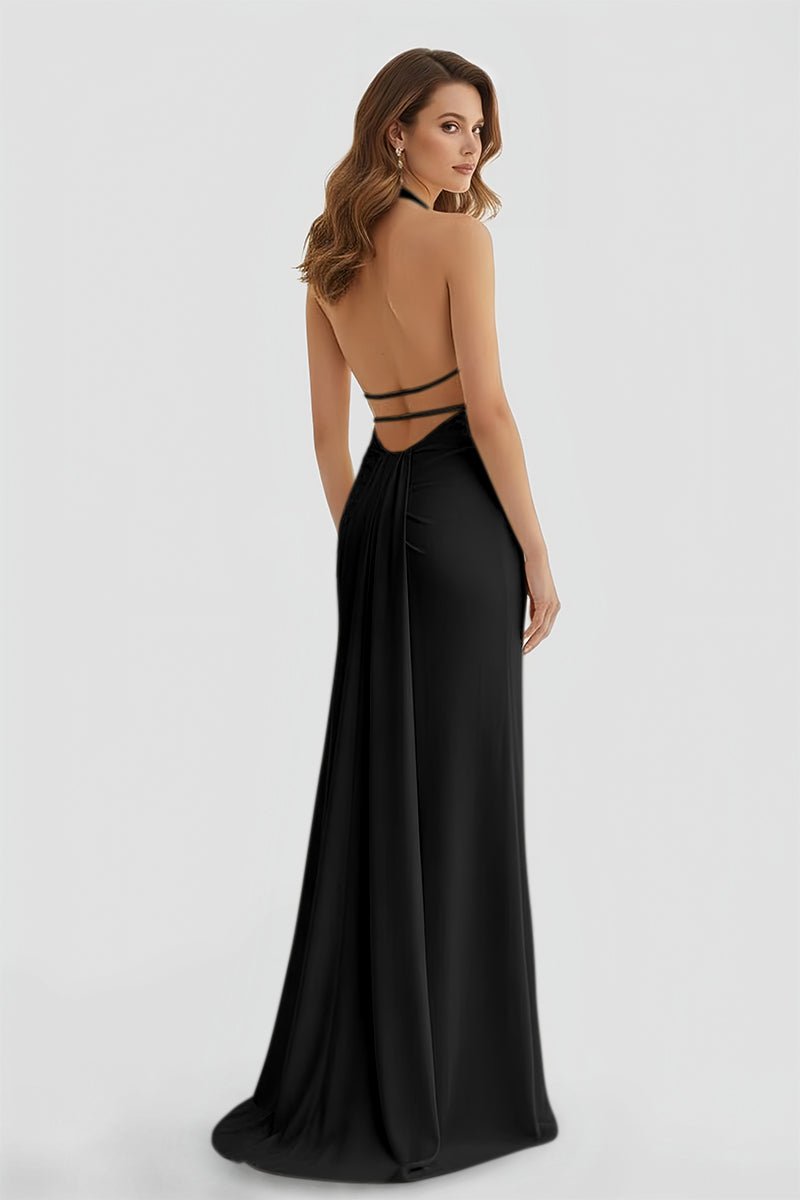 Mermaid Deep V Neck Yellow Satin Long Prom Dresses with Slit