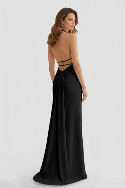 Mermaid Deep V Neck Yellow Satin Long Prom Dresses with Slit