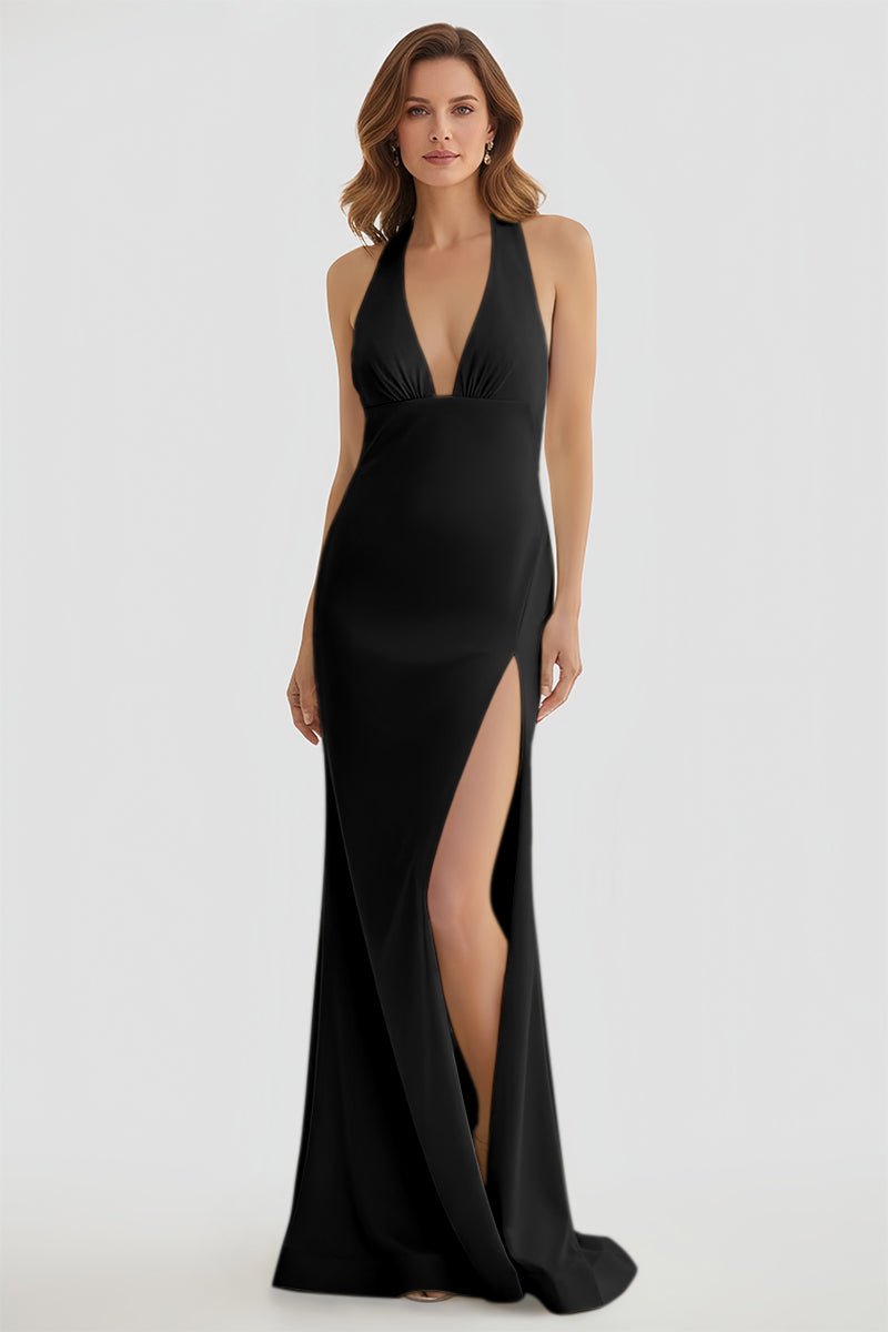 Mermaid Deep V Neck Yellow Satin Long Prom Dresses with Slit