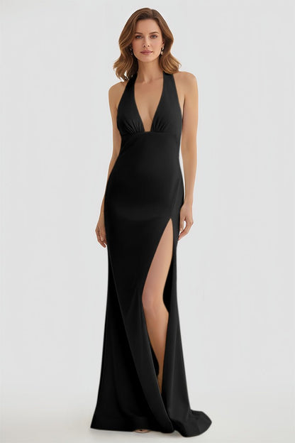 Mermaid Deep V Neck Yellow Satin Long Prom Dresses with Slit