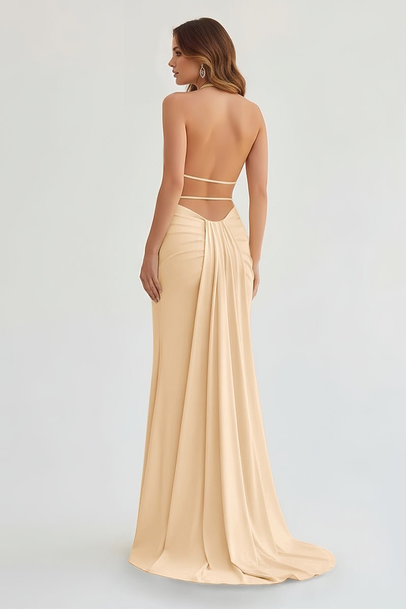 Mermaid Deep V Neck Yellow Satin Long Prom Dresses with Slit