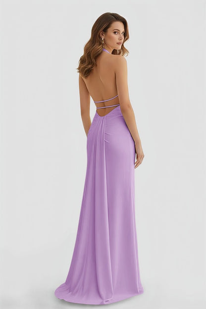 Mermaid Deep V Neck Yellow Satin Long Prom Dresses with Slit