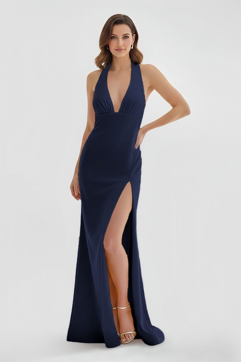 Mermaid Deep V Neck Yellow Satin Long Prom Dresses with Slit