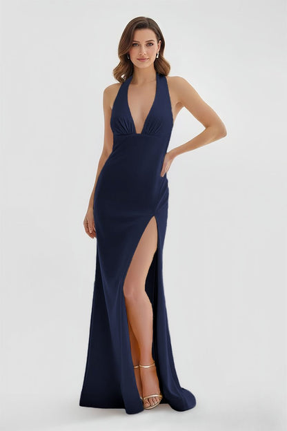 Mermaid Deep V Neck Yellow Satin Long Prom Dresses with Slit