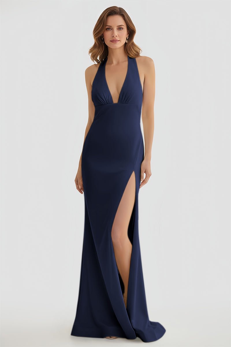 Mermaid Deep V Neck Yellow Satin Long Prom Dresses with Slit