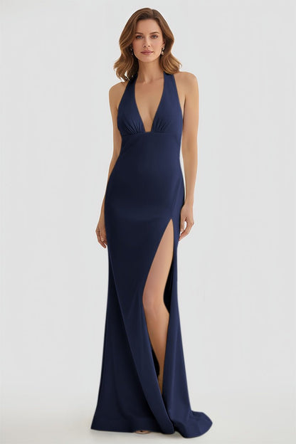 Mermaid Deep V Neck Yellow Satin Long Prom Dresses with Slit