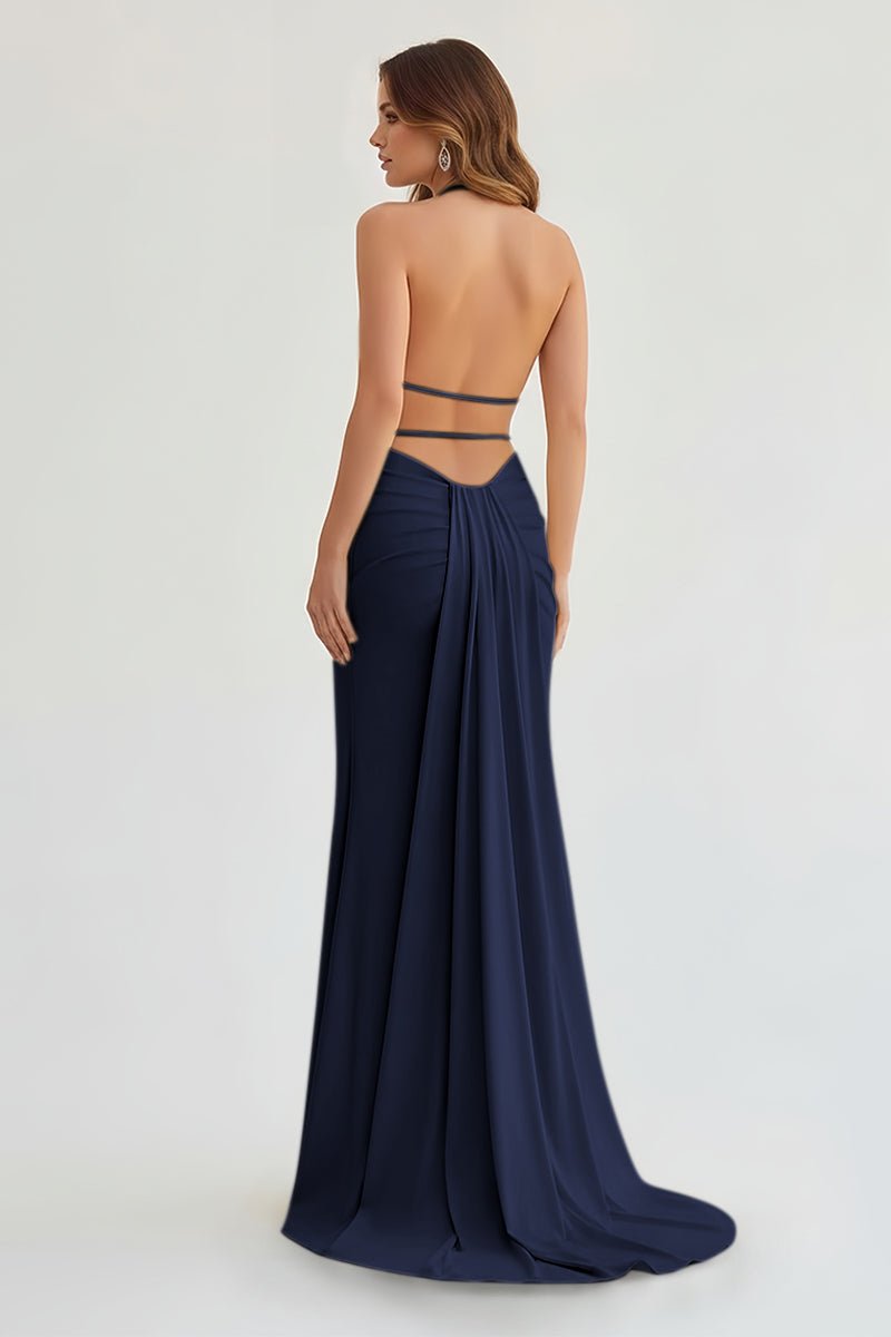 Mermaid Deep V Neck Yellow Satin Long Prom Dresses with Slit