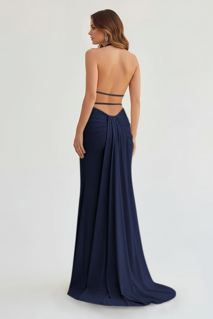 Mermaid Deep V Neck Yellow Satin Long Prom Dresses with Slit